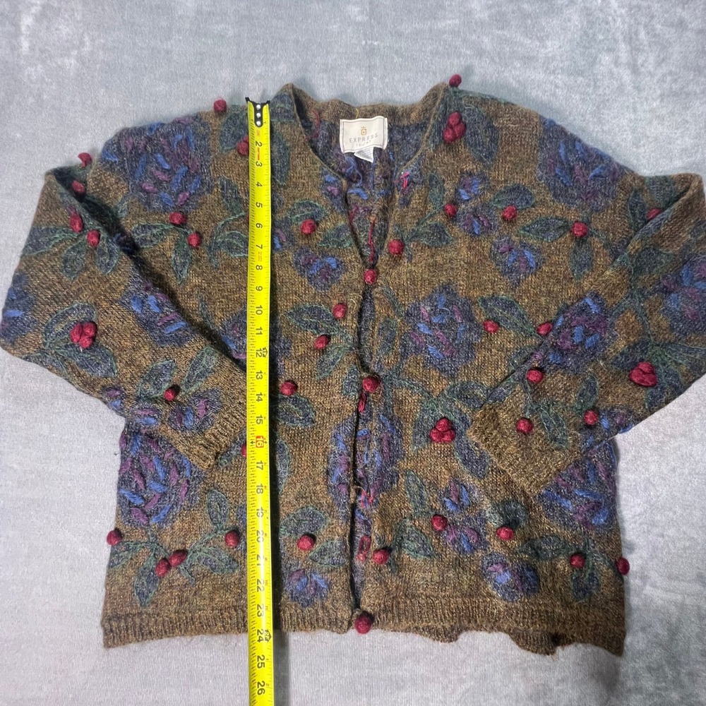 Vintage Express Tricot Womens Medium Mohair Blend Cardigan Floral Pom Pom Chunky - Picture 4 of 9